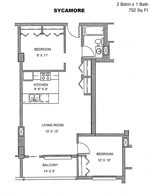 Floor plan for 2 beds, 1 bath, 752 sqft